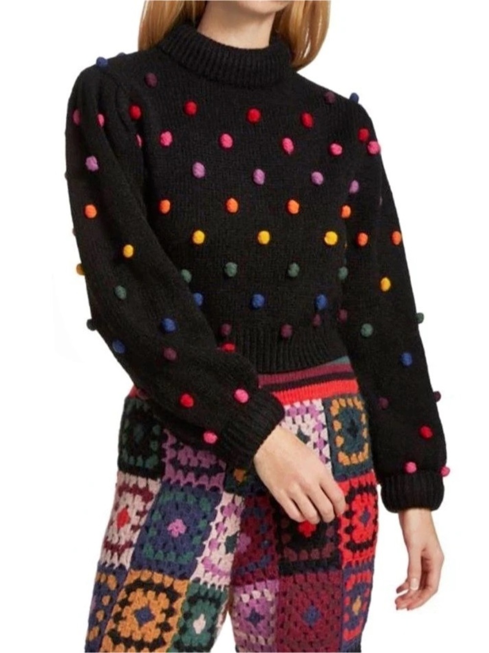FARM Rio Rainbow Pom Blouson Sleeve Sweater Multicolor Small